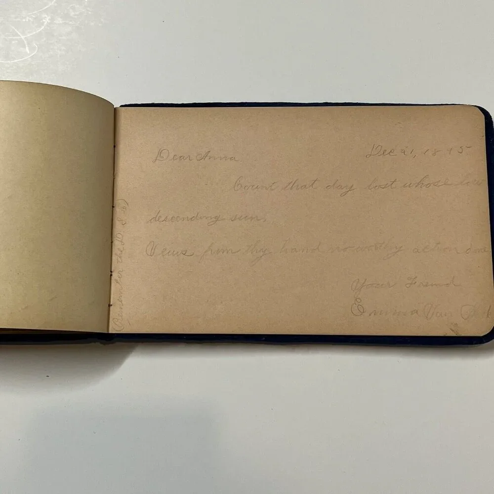1880s Antique AUTOGRAPH ALBUM Blue Velvet Cover Anna J. Nelson Blooming Prairie